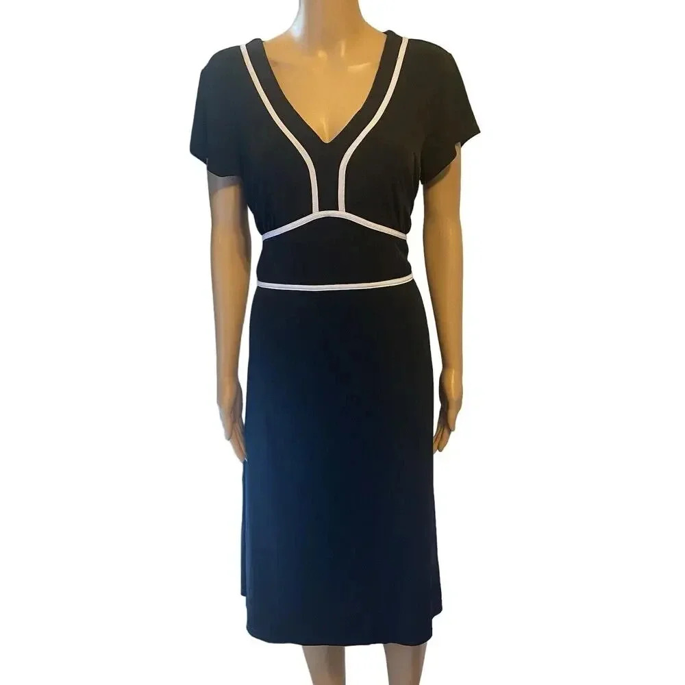 Notations Midi Dress XL Black White Trim Romantic Whimsigoth Jersey Knit Stretch
